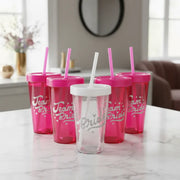 Vasos Souvenir Despedida de Soltera | Tapa a Rosca + Sorbete – Cristal y Fucsia