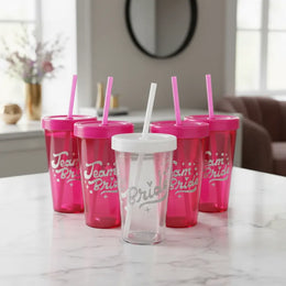 Vasos Souvenir Despedida de Soltera | Tapa a Rosca + Sorbete – Cristal y Fucsia