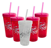 Vasos Souvenir Despedida de Soltera | Tapa a Rosca + Sorbete – Cristal y Fucsia